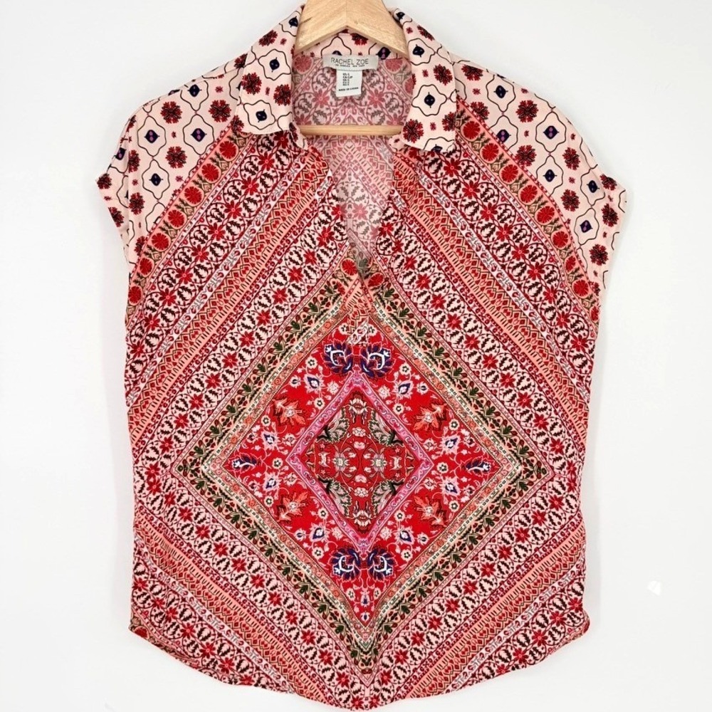 Rachel Zoe Red Medallion Bandana Print Boho V-Neck Short Sleeve Blouse S Gypsy